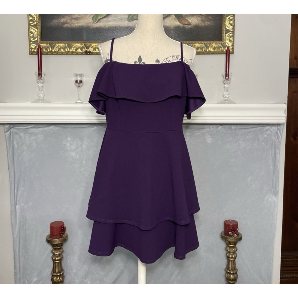 B. Darlin Purple Ruffle Cold Shoulder Dress Cocktail Size 15/16